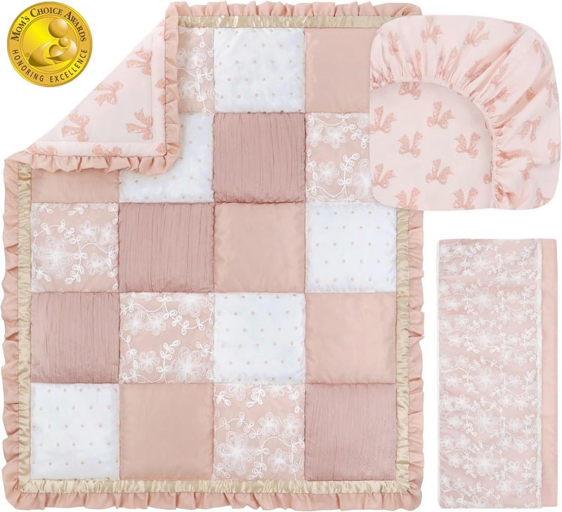 The Peanut Shell 3 Piece Baby Crib Bedding Set for Girls - Cotton Fitted Crib Sheet, Layered Dust Ruffle, Comforter, Newborn, Infant & Toddler Vintage Nursery Bed Set Decor, Pink, Gold, Floral - Grace - Image 2